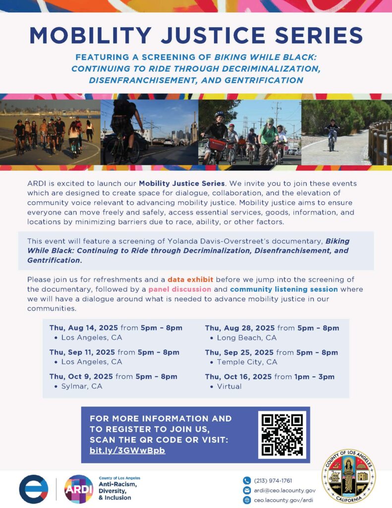 Event flyer for a Mobility Justice Series screening of "Biking While Black," focusing on equity and community engagement.