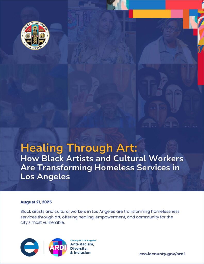 Cover of a report highlighting the role of Black artists in transforming homeless services through art in Los Angeles.