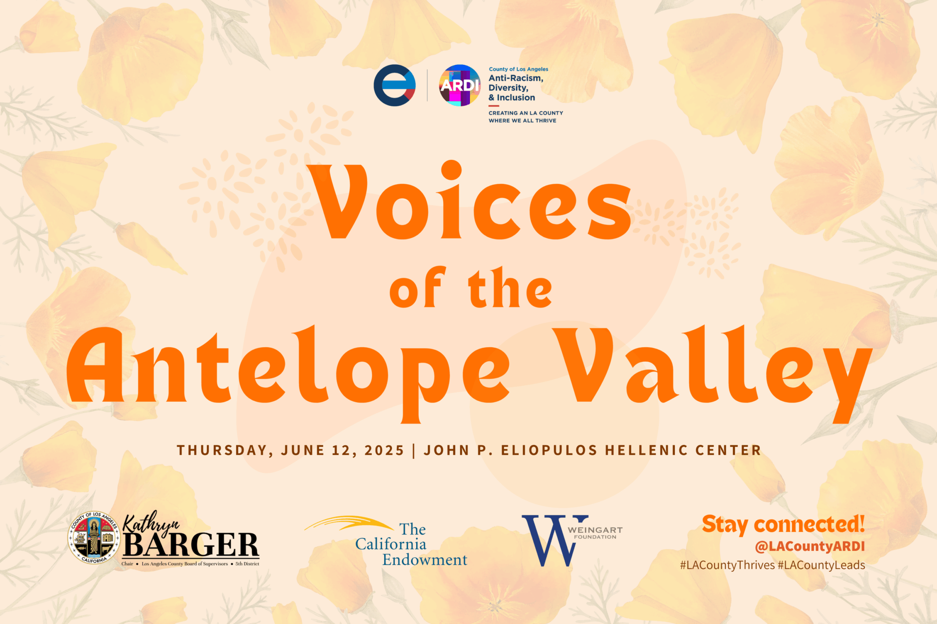 Event poster for "Voices of the Antelope Valley," highlighting community engagement and inclusivity initiatives.
